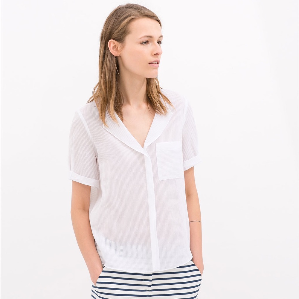 Zara White Stripes Pocket Popover Shirt Blouse